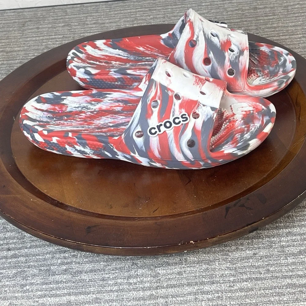 Crocs Classic Slide Sandals Marbled Red White‎ Black Swirl Slip On Shoes Mens 7